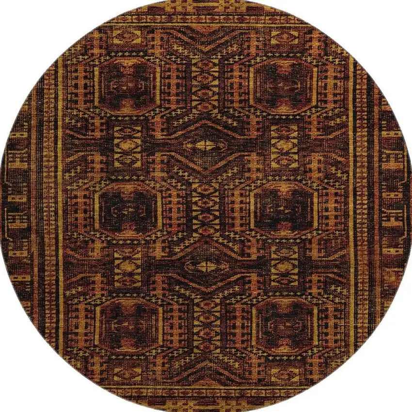 8' Rust And Black Geometric Washable Round Rug With UV Protection Photo 4
