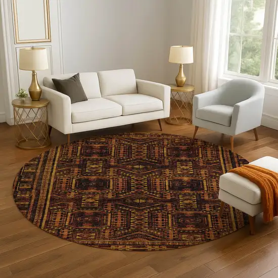 8' Rust And Black Geometric Washable Round Rug With UV Protection Photo 5