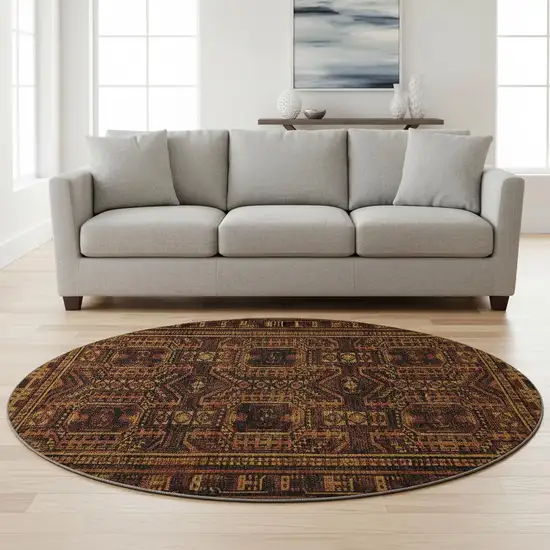 8' Rust And Black Geometric Washable Round Rug With UV Protection Photo 2