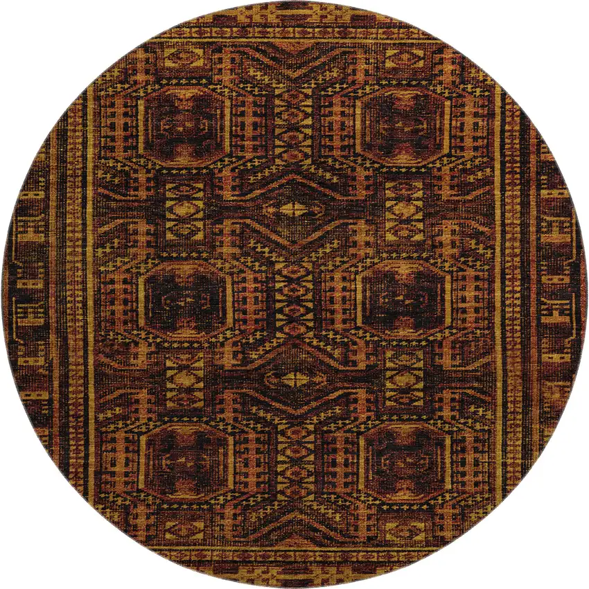 8' Rust And Black Geometric Washable Round Rug With UV Protection Photo 2