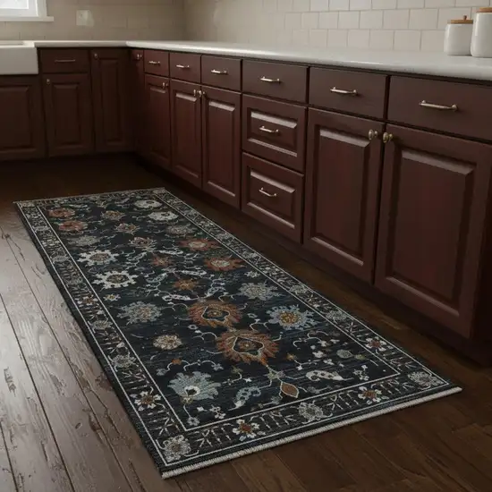 8' Rust And Black Oriental Runner Rug With Fringe Photo 1