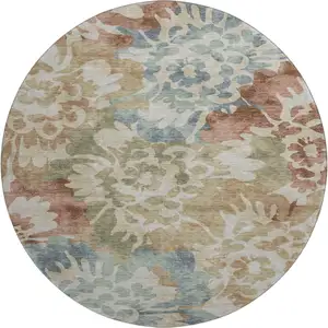 Photo of 8' Rust And Blue Floral Washable Round Rug With UV Protection