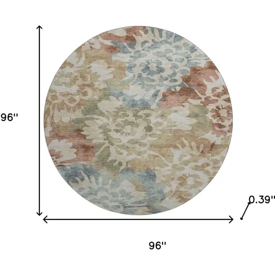 8' Rust And Blue Floral Washable Round Rug With UV Protection Photo 8