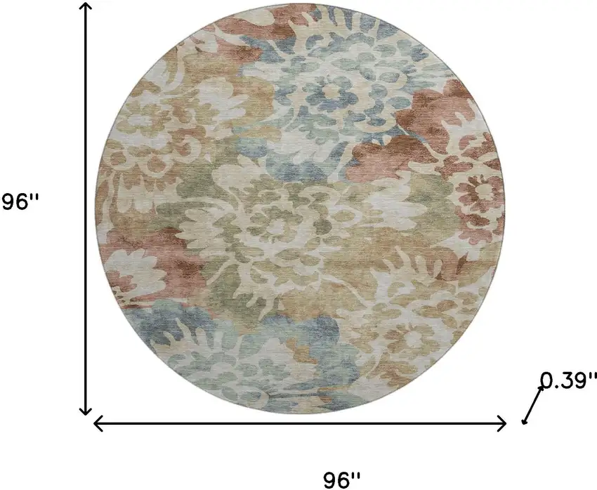 8' Rust And Blue Floral Washable Round Rug With UV Protection Photo 8