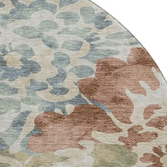 8' Rust And Blue Floral Washable Round Rug With UV Protection Photo 3