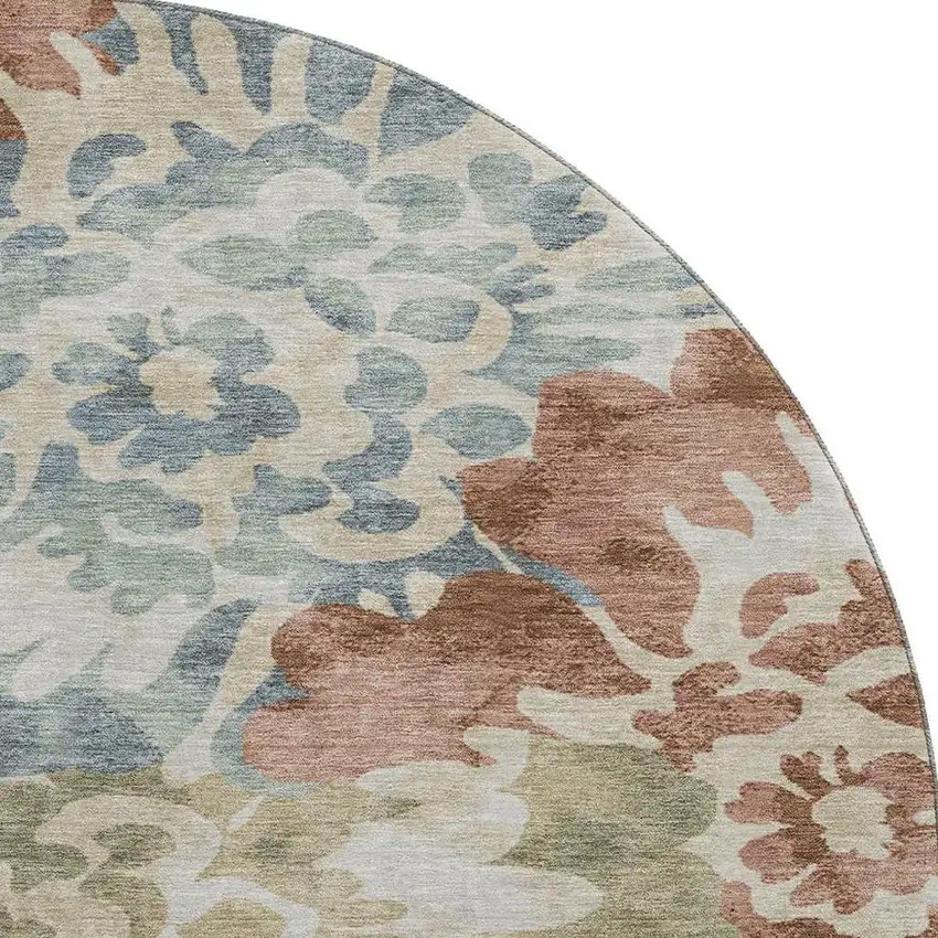 8' Rust And Blue Floral Washable Round Rug With UV Protection Photo 4