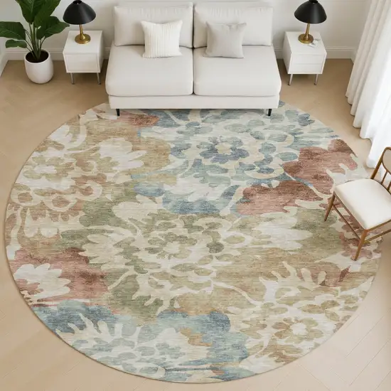 8' Rust And Blue Floral Washable Round Rug With UV Protection Photo 5