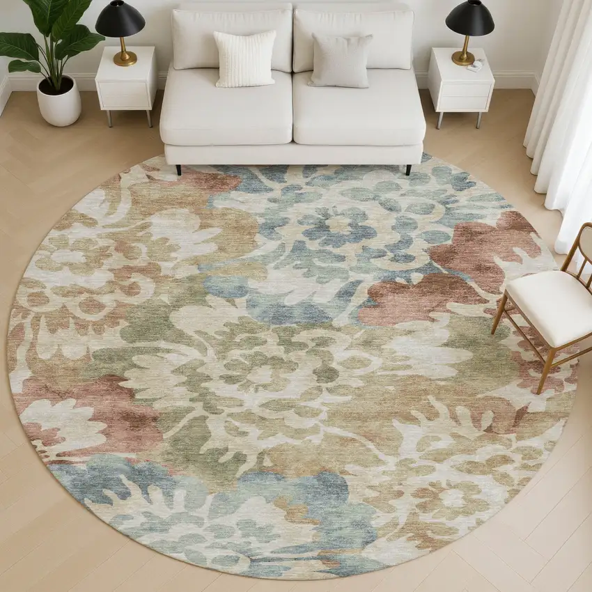 8' Rust And Blue Floral Washable Round Rug With UV Protection Photo 5