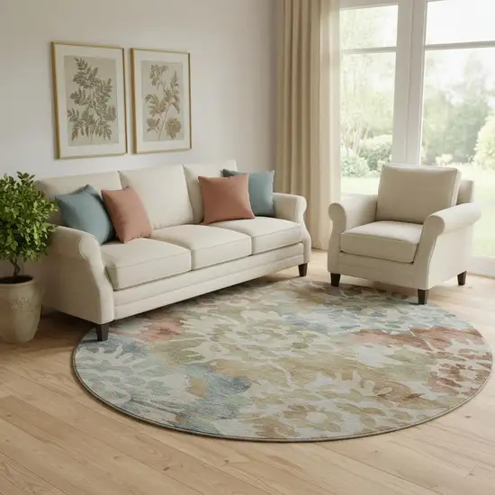 8' Rust And Blue Floral Washable Round Rug With UV Protection Photo 2