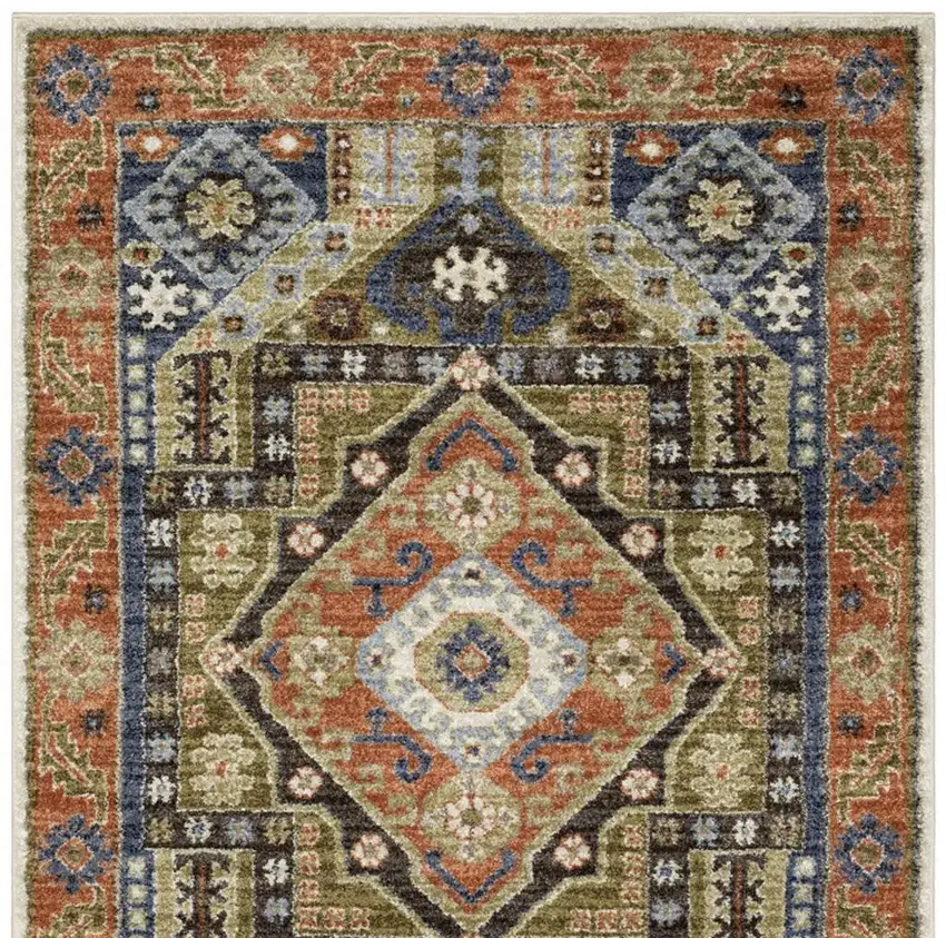 7' Rust And Blue Oriental Runner Rug Photo 4