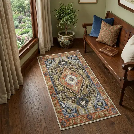 7' Rust And Blue Oriental Runner Rug Photo 1