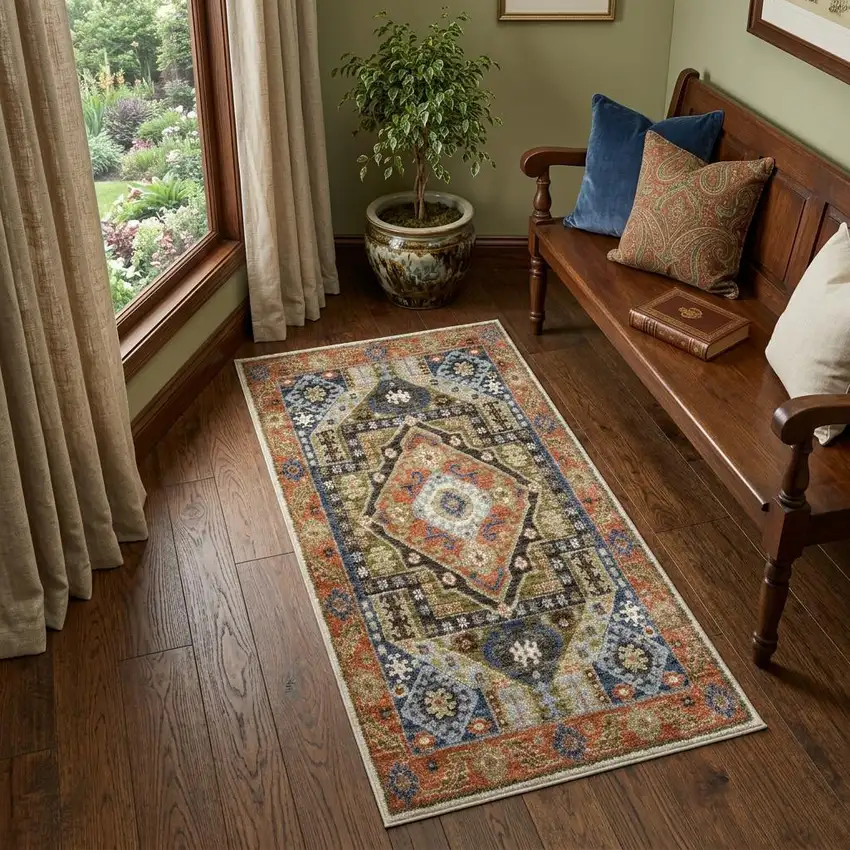 7' Rust And Blue Oriental Runner Rug Photo 1