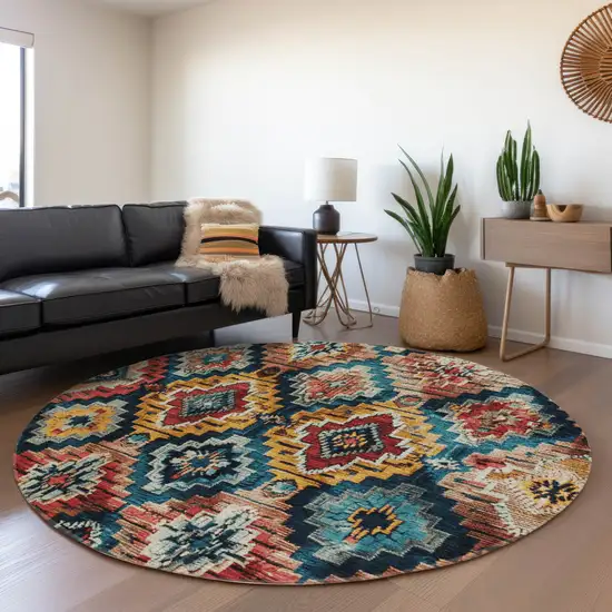 8' Rust And Blue Round Aztec Washable Indoor Outdoor Area Rug Photo 6