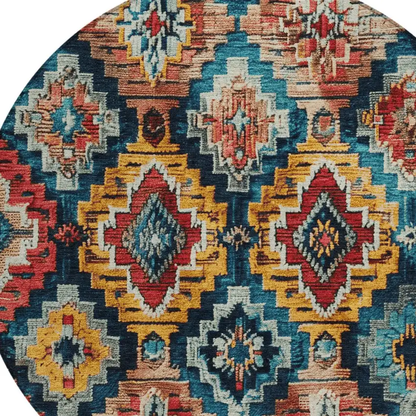 8' Rust And Blue Round Aztec Washable Indoor Outdoor Area Rug Photo 8