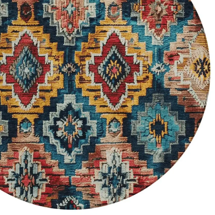 8' Rust And Blue Round Aztec Washable Indoor Outdoor Area Rug Photo 4