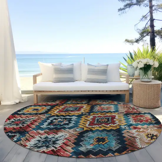 8' Rust And Blue Round Aztec Washable Indoor Outdoor Area Rug Photo 5