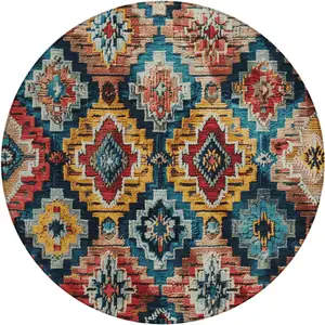 Photo of 8' Rust And Blue Round Aztec Washable Indoor Outdoor Area Rug