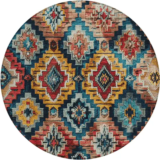 8' Rust And Blue Round Aztec Washable Indoor Outdoor Area Rug Photo 1