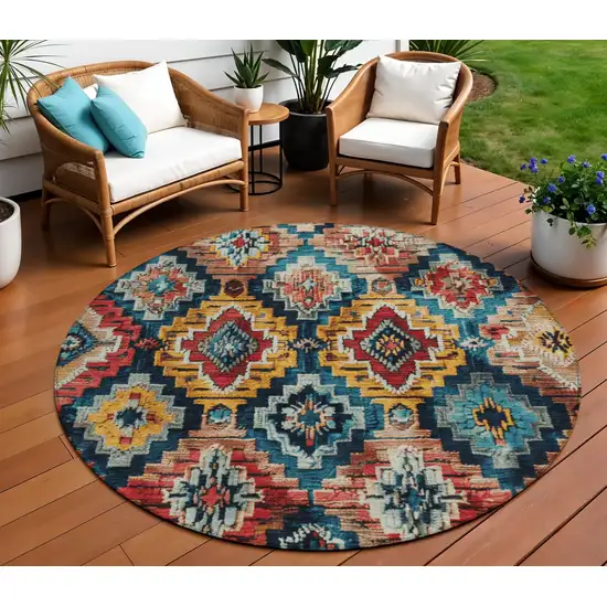 8' Rust And Blue Round Aztec Washable Indoor Outdoor Area Rug Photo 2