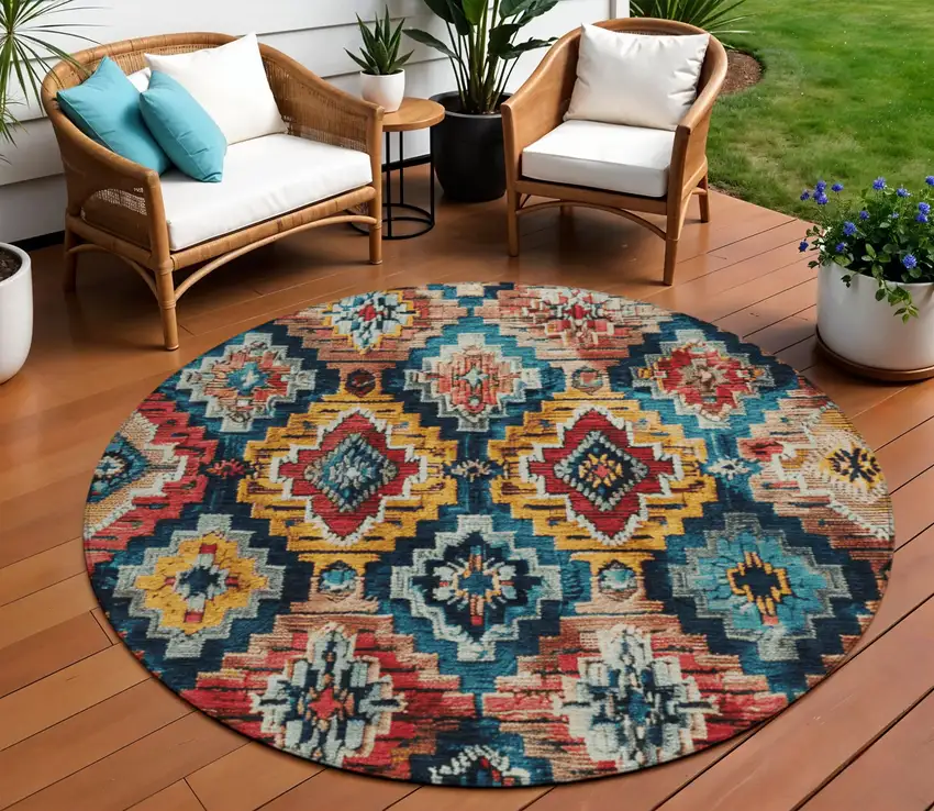 8' Rust And Blue Round Aztec Washable Indoor Outdoor Area Rug Photo 2