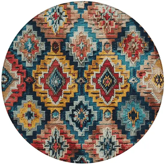 8' Rust And Blue Round Aztec Washable Indoor Outdoor Area Rug Photo 3