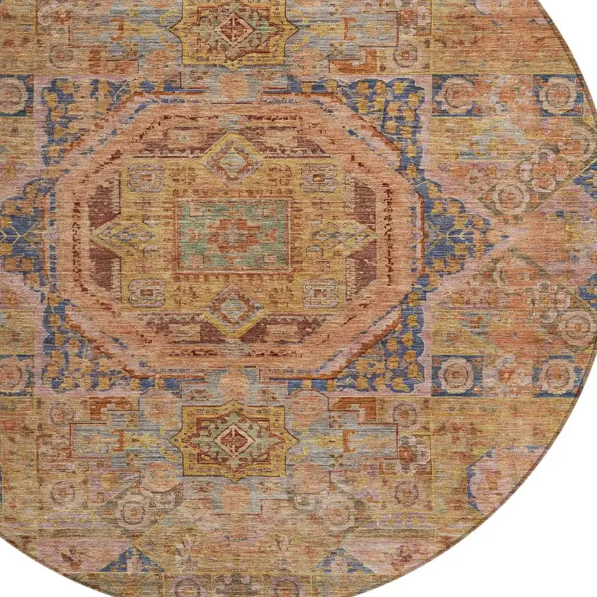 8' Rust And Blue Round Medallion Washable Indoor Outdoor Area Rug Photo 9