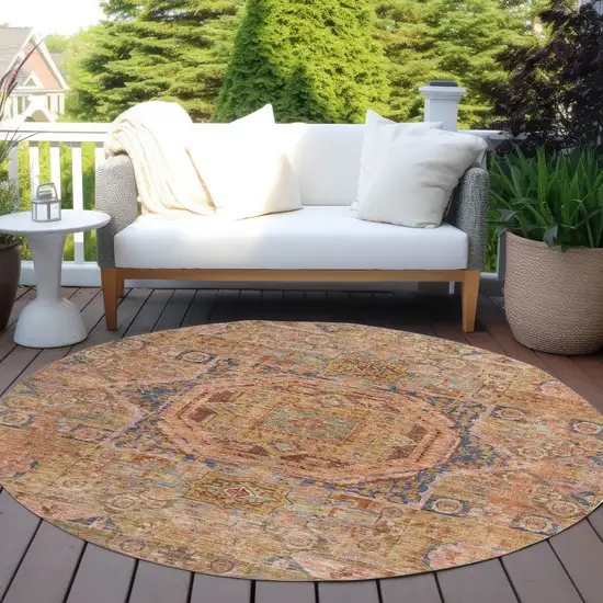 8' Rust And Blue Round Medallion Washable Indoor Outdoor Area Rug Photo 6