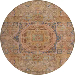 Photo of 8' Rust And Blue Round Medallion Washable Indoor Outdoor Area Rug