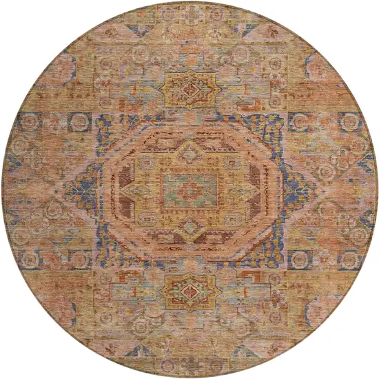 8' Rust And Blue Round Medallion Washable Indoor Outdoor Area Rug Photo 1