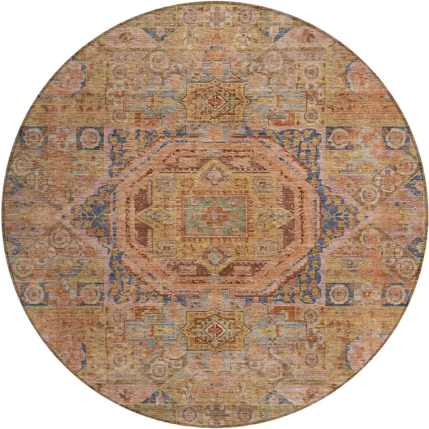 8' Rust And Blue Round Medallion Washable Indoor Outdoor Area Rug Photo 1