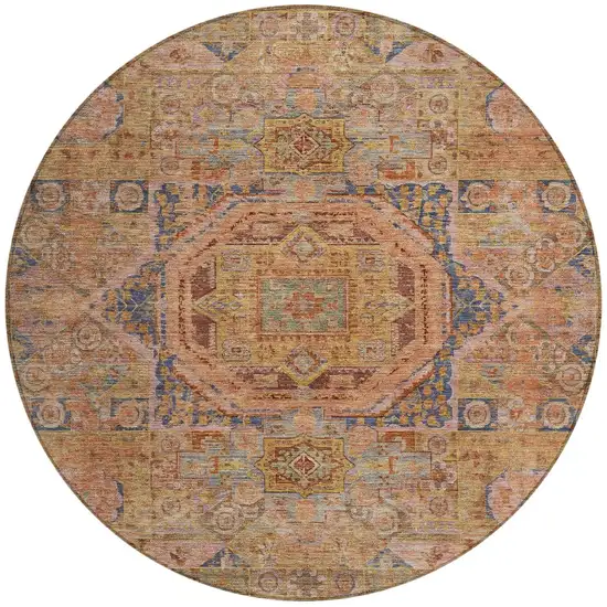 8' Rust And Blue Round Medallion Washable Indoor Outdoor Area Rug Photo 3