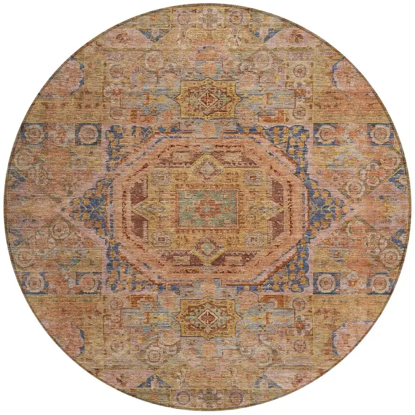 8' Rust And Blue Round Medallion Washable Indoor Outdoor Area Rug Photo 3
