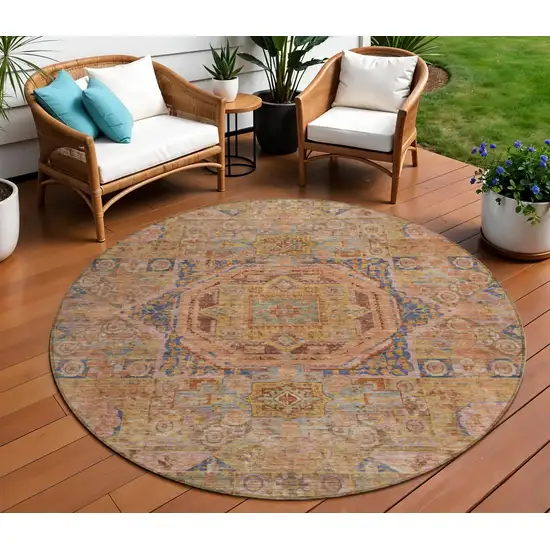 8' Rust And Blue Round Medallion Washable Indoor Outdoor Area Rug Photo 2