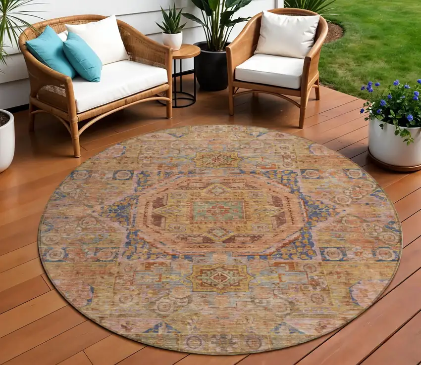 8' Rust And Blue Round Medallion Washable Indoor Outdoor Area Rug Photo 2