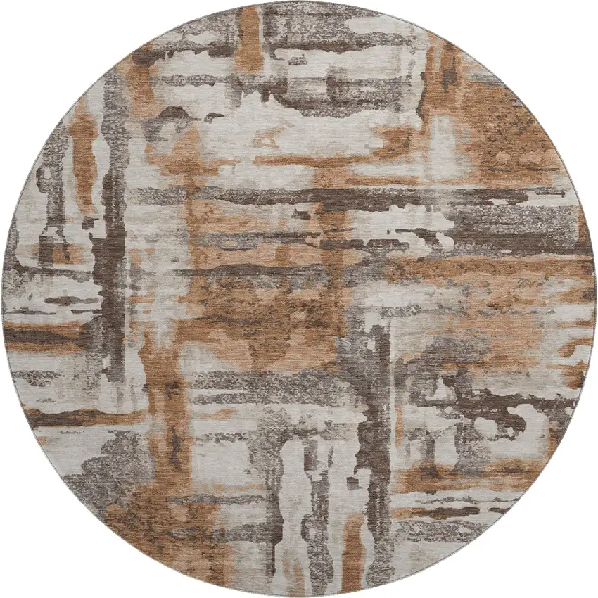8' Rust And Brown Abstract Washable Round Rug With UV Protection Photo 1