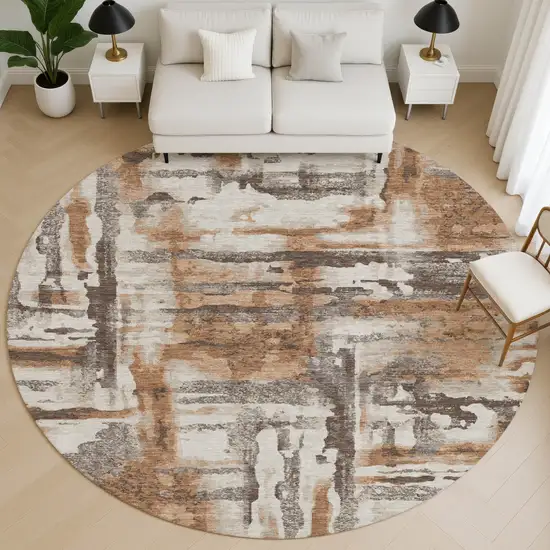 8' Rust And Brown Abstract Washable Round Rug With UV Protection Photo 5