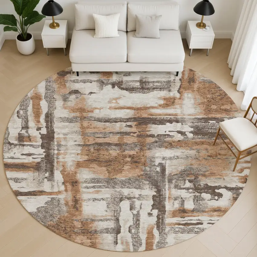 8' Rust And Brown Abstract Washable Round Rug With UV Protection Photo 5