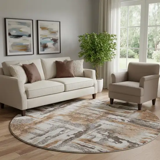 8' Rust And Brown Abstract Washable Round Rug With UV Protection Photo 2