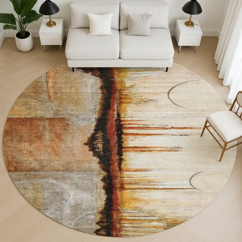 8' Rust And Charcoal Abstract Washable Round Rug With UV Protection Photo 5