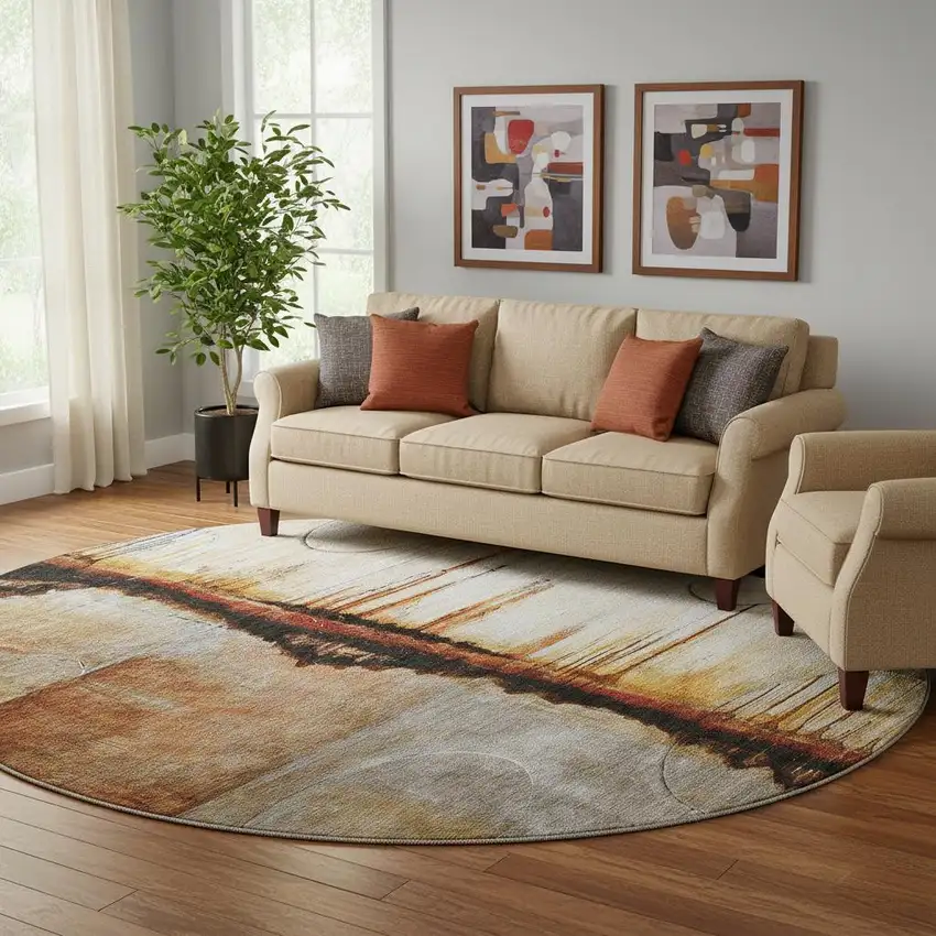 8' Rust And Charcoal Abstract Washable Round Rug With UV Protection Photo 2