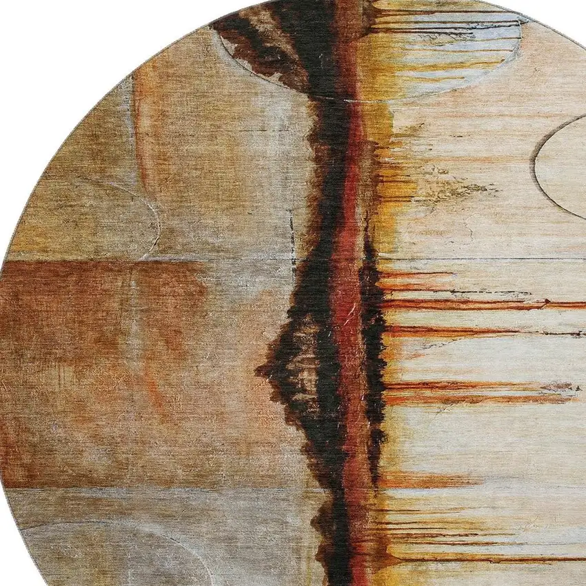 8' Rust And Charcoal Abstract Washable Round Rug With UV Protection Photo 3