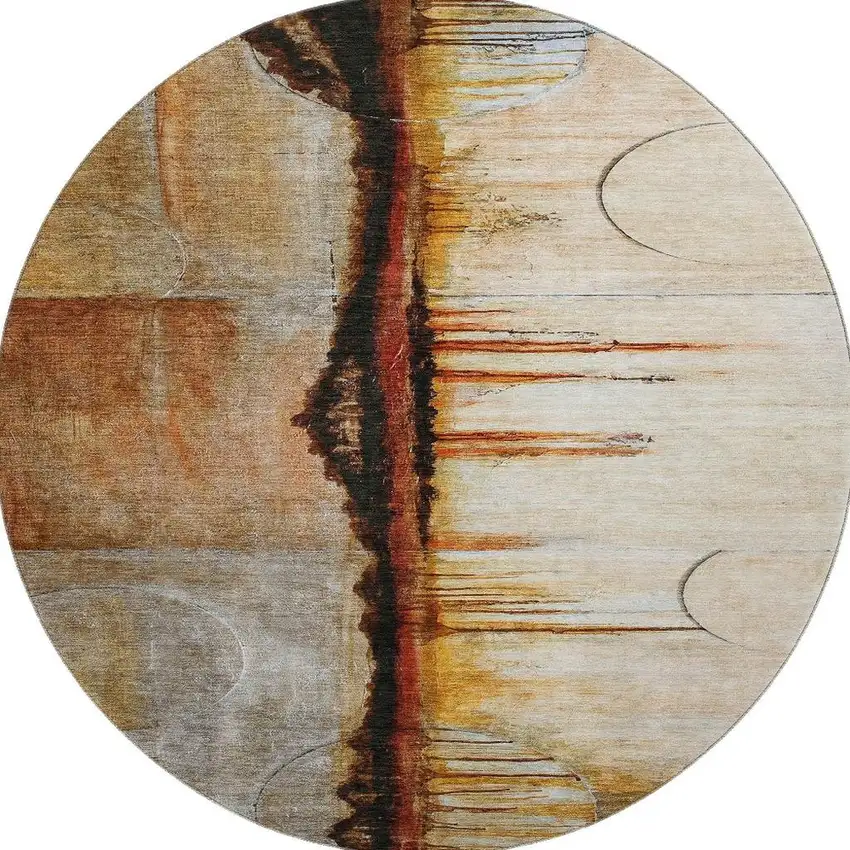 8' Rust And Charcoal Abstract Washable Round Rug With UV Protection Photo 4