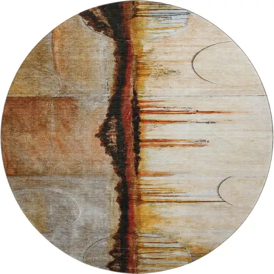 8' Rust And Charcoal Abstract Washable Round Rug With UV Protection Photo 1