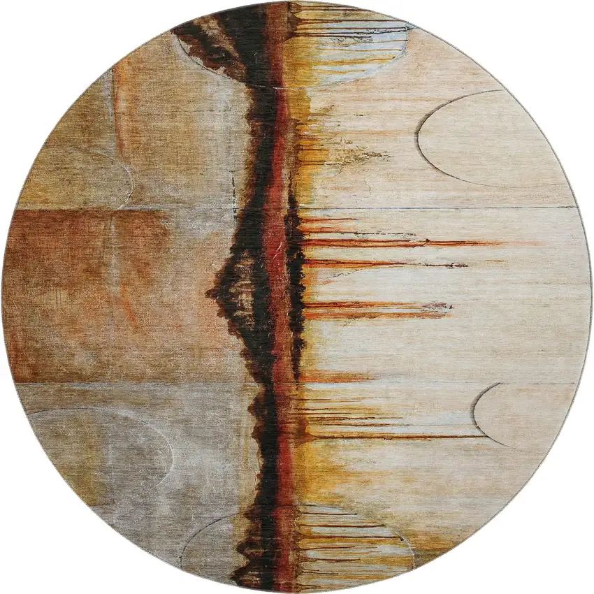 8' Rust And Charcoal Abstract Washable Round Rug With UV Protection Photo 1