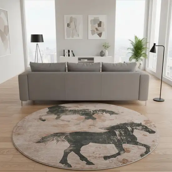 8' Rust And Charcoal Animal Print Washable Round Rug With UV Protection Photo 2
