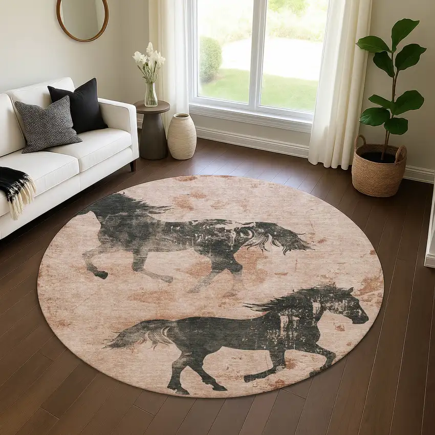 8' Rust And Charcoal Animal Print Washable Round Rug With UV Protection Photo 4