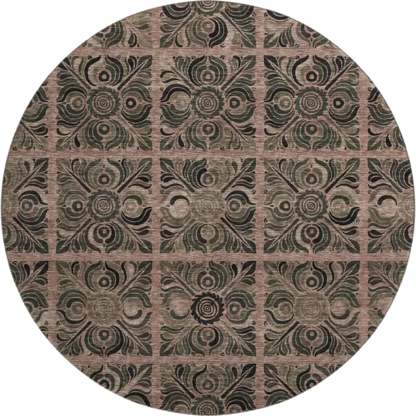8' Rust And Charcoal Medallion Washable Round Rug With UV Protection Photo 1