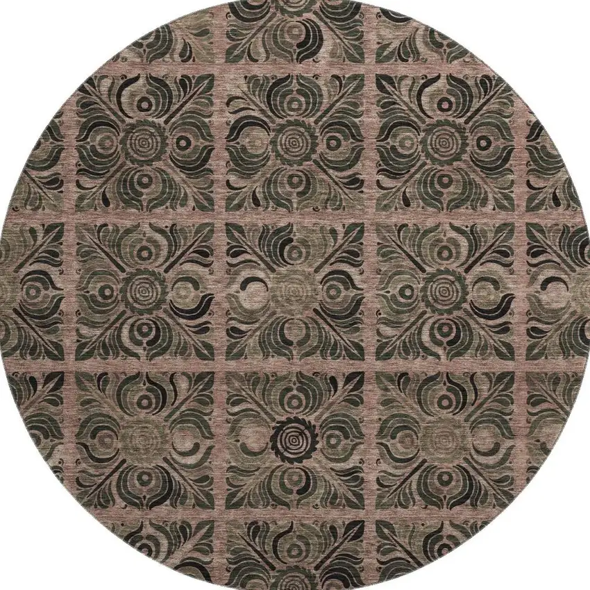 8' Rust And Charcoal Medallion Washable Round Rug With UV Protection Photo 3