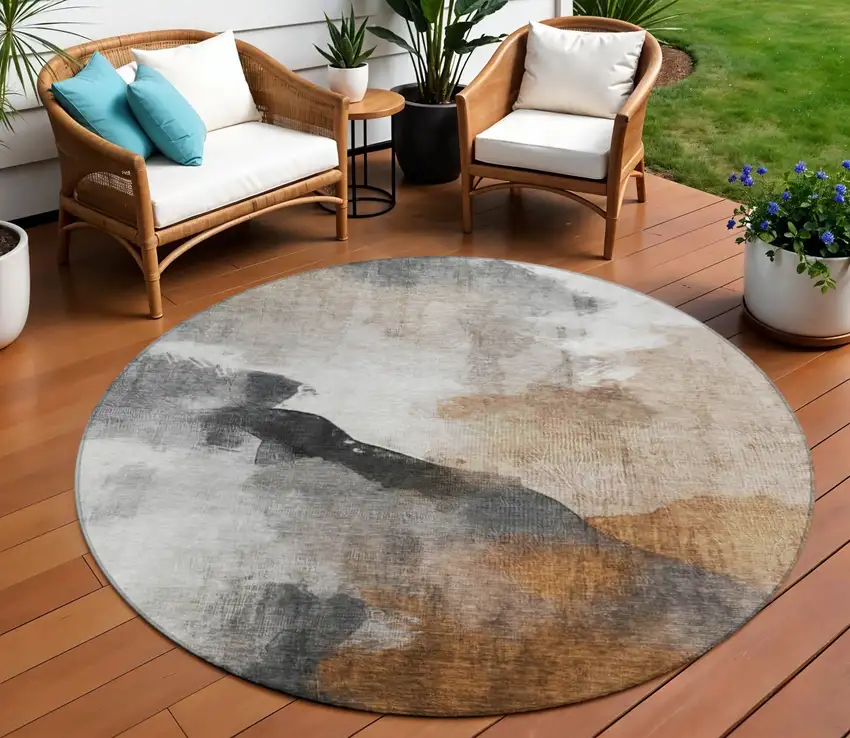 8' Rust And Charcoal Round Abstract Washable Indoor Outdoor Area Rug Photo 2