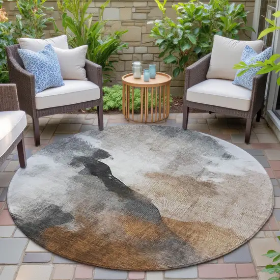 8' Rust And Charcoal Round Abstract Washable Indoor Outdoor Area Rug Photo 4